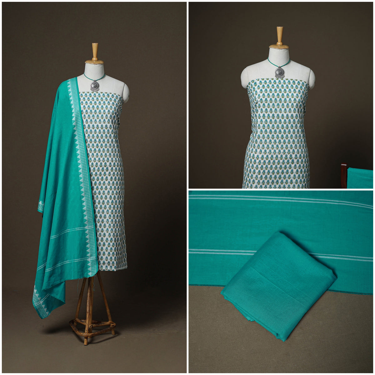 Sanganeri Block Print Cotton Unstitched Dress Material: Kurta, Bottom & Dupatta with Jewellery 54