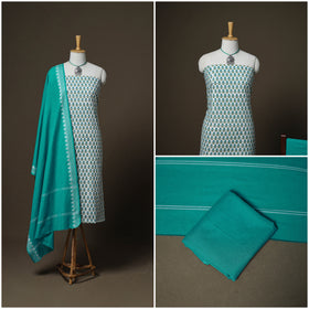 Sanganeri Block Print Cotton Unstitched Dress Material: Kurta, Bottom & Dupatta with Jewellery 54