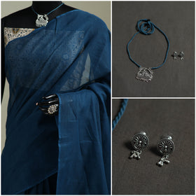 Blue - Nazaakat Kota Doria Cotton Plain Saree with Blouse & Jewellery Set 84