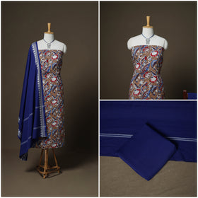 Sanganeri Block Print Cotton Unstitched Dress Material: Kurta, Bottom & Dupatta with Jewellery 55