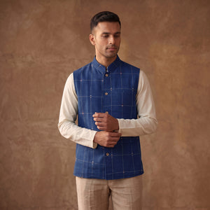 Blue - Handwoven Cotton Nehru Jacket for Men in Jamdani Buti of Srikakulam 17