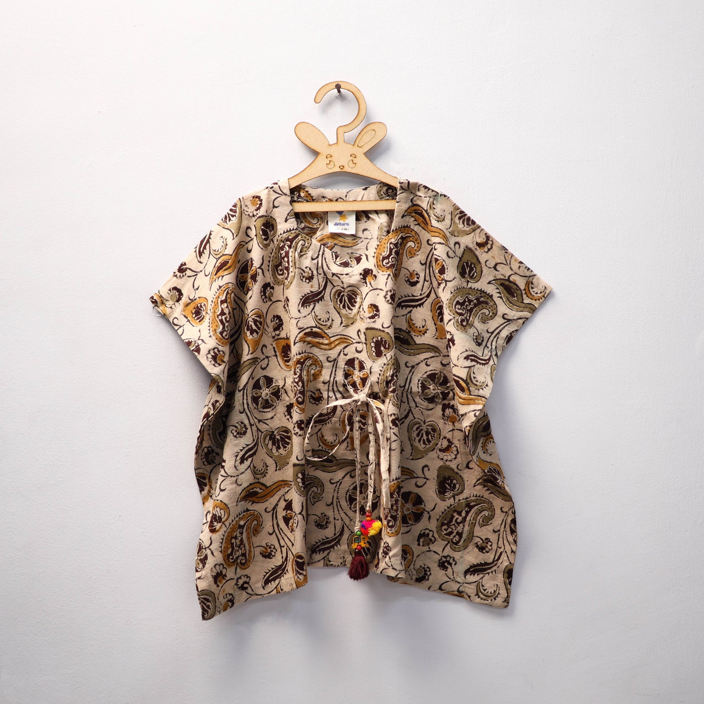 Beige Kalamkari Block Print Cotton Kids Kaftan (3-4 Years)