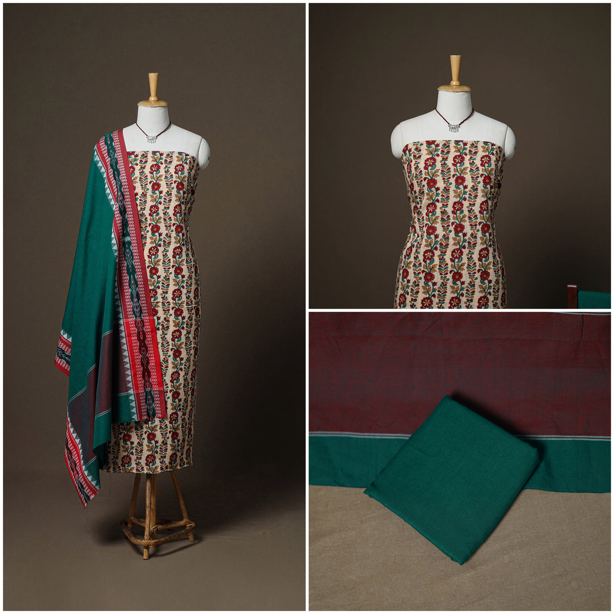 Sanganeri Block Print Cotton Unstitched Dress Material: Kurta, Bottom & Dupatta with Jewellery 56