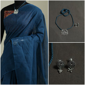 Blue - Nazaakat Kota Doria Cotton Plain Saree with Blouse & Jewellery Set 85