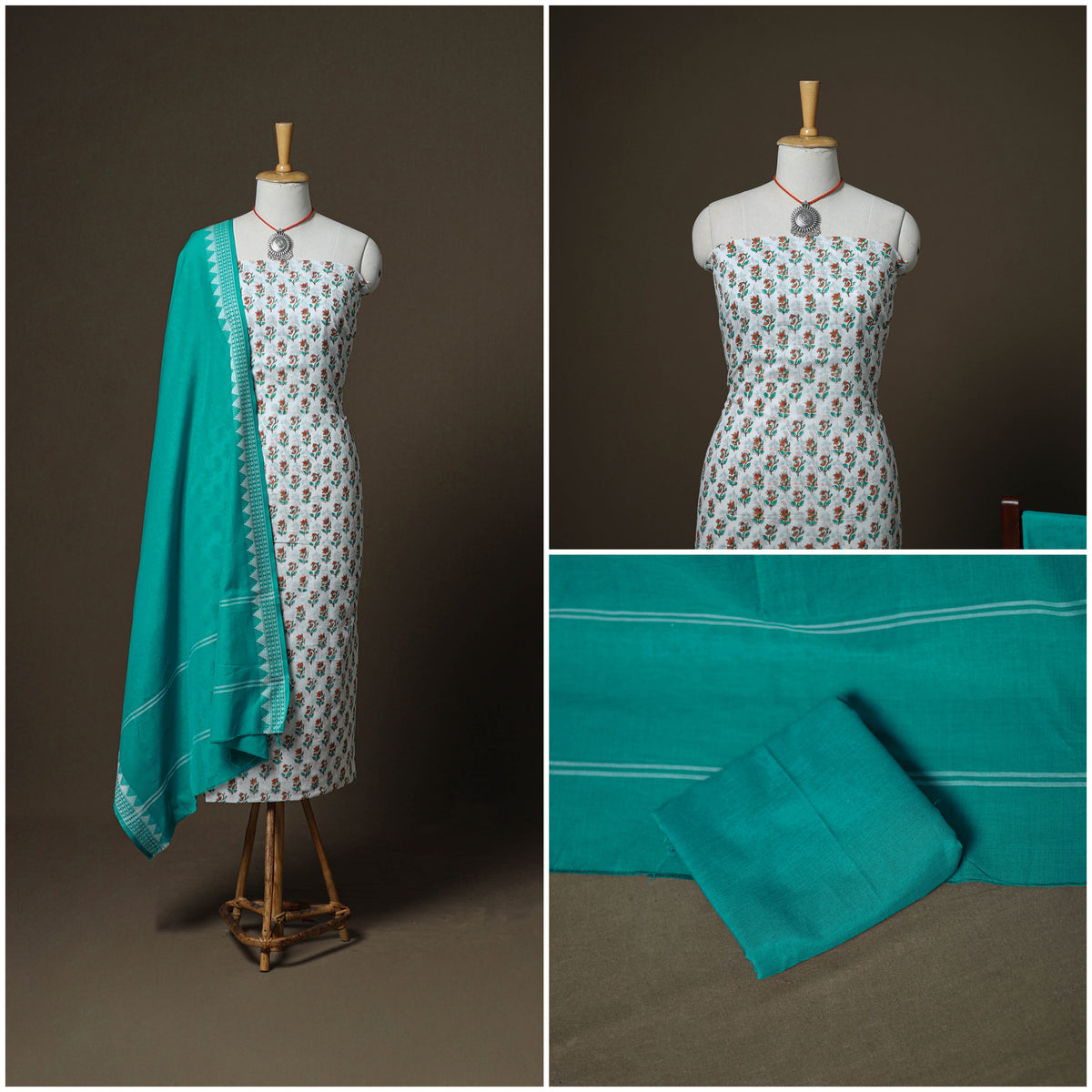 Sanganeri Block Print Cotton Unstitched Dress Material: Kurta, Bottom & Dupatta with Jewellery 57
