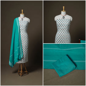Sanganeri Block Print Cotton Unstitched Dress Material: Kurta, Bottom & Dupatta with Jewellery 57