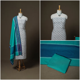 Sanganeri Block Print Cotton Unstitched Dress Material: Kurta, Bottom & Dupatta with Jewellery 58