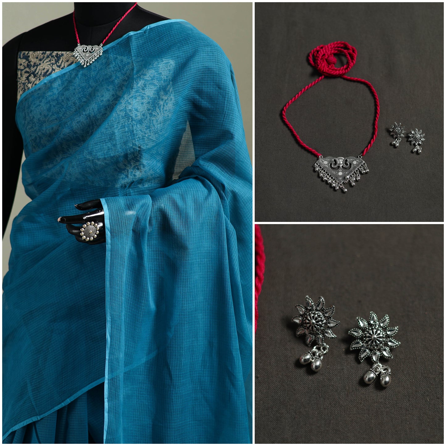 Blue - Nazaakat Kota Doria Cotton Plain Saree with Blouse & Jewellery Set 86