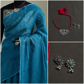 Blue - Nazaakat Kota Doria Cotton Plain Saree with Blouse & Jewellery Set 86