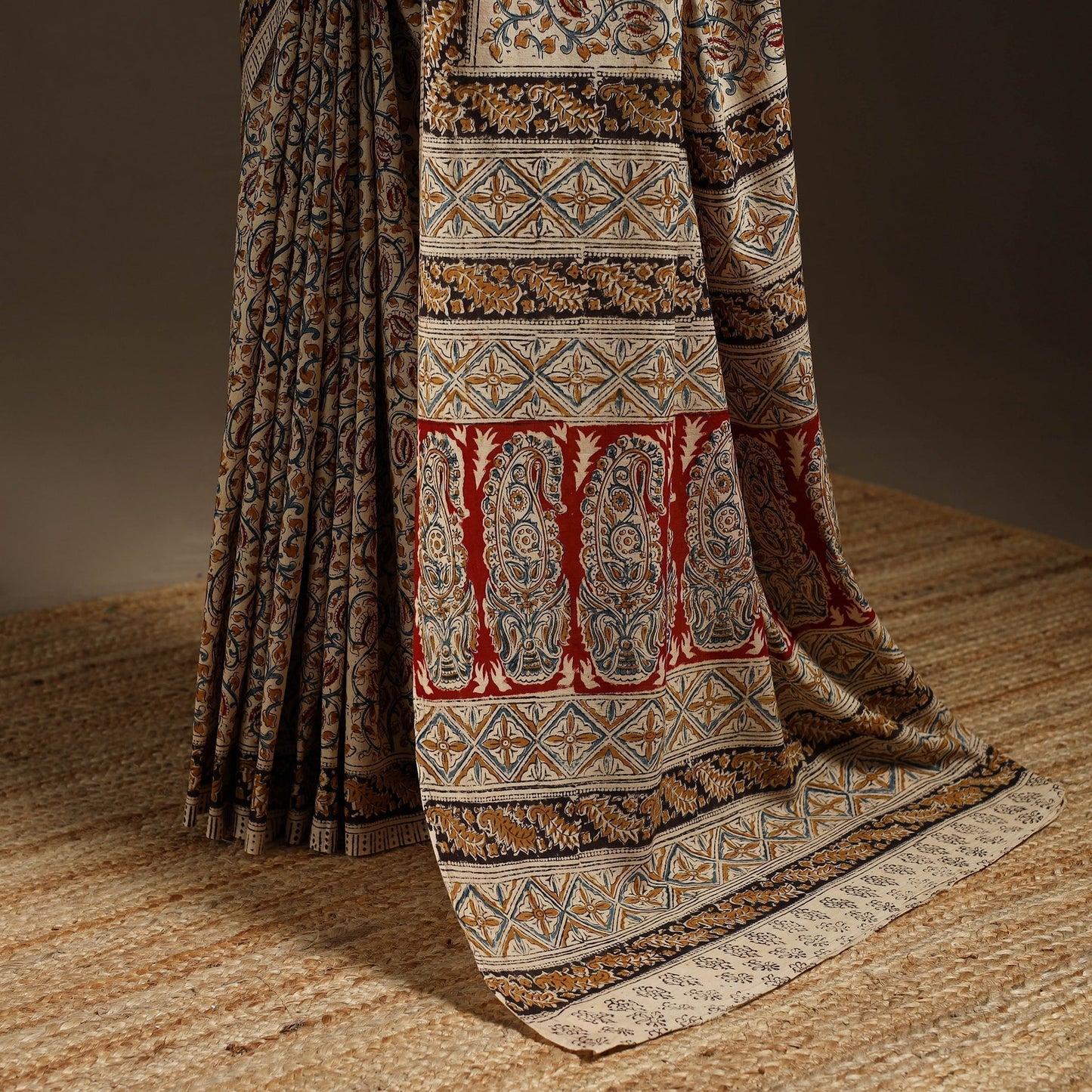 Beige - natural dyed pedana cotton kalamkari saree 32