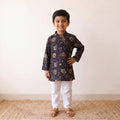 Black - kids pure cotton kurta in bagru block prints (3-4