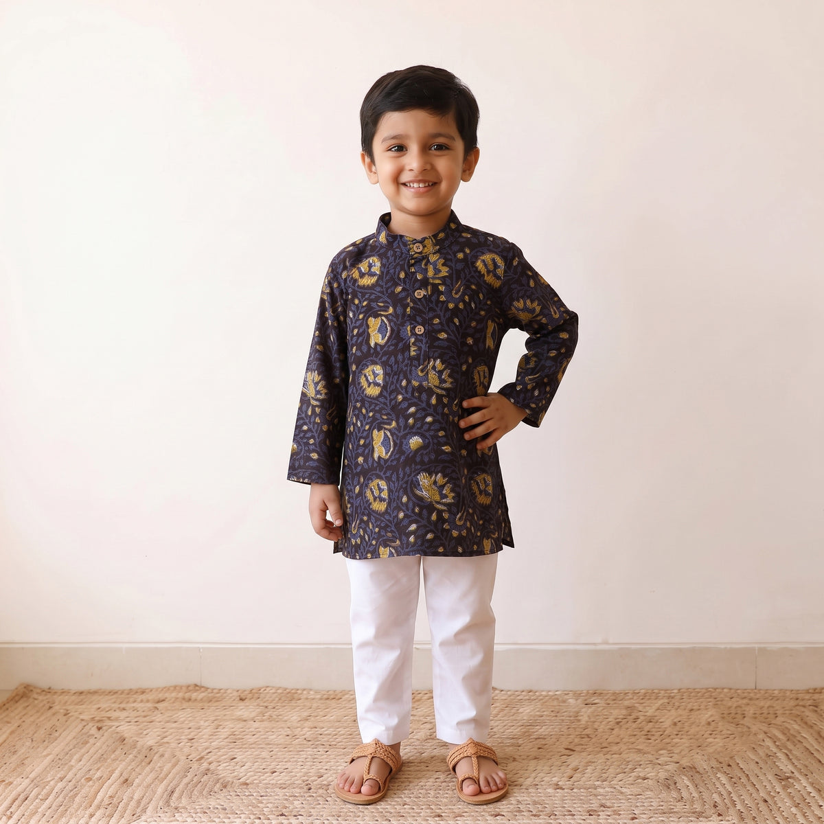 Black - kids pure cotton kurta in bagru block prints (3-4