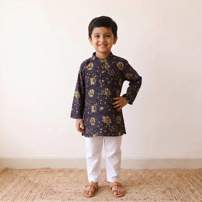 Black - kids pure cotton kurta in bagru block prints (3-4