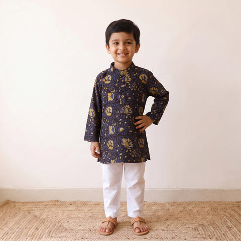 Black - Kids Pure Cotton  Kurta in Bagru Block Prints (3-4 Years) 88