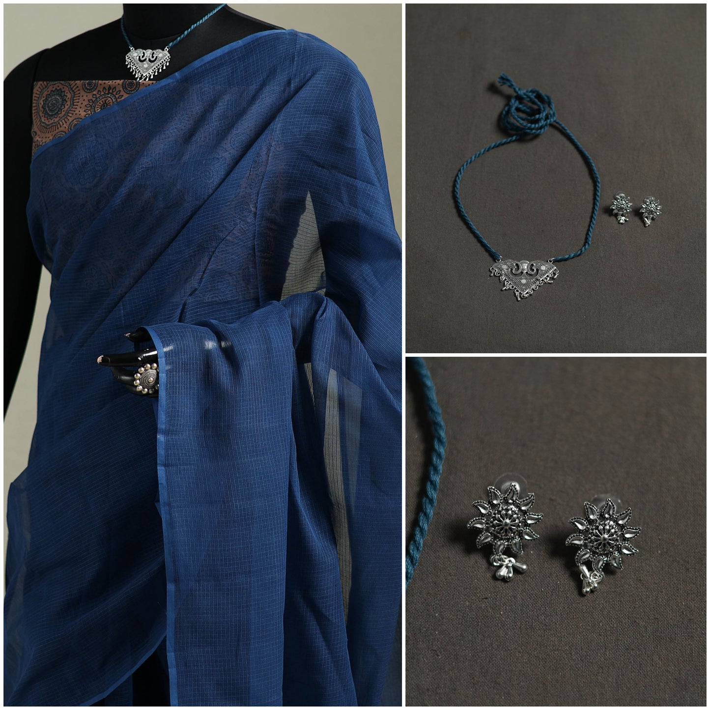Blue - Nazaakat Kota Doria Cotton Plain Saree with Blouse & Jewellery Set 87