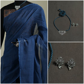 Blue - Nazaakat Kota Doria Cotton Plain Saree with Blouse & Jewellery Set 87