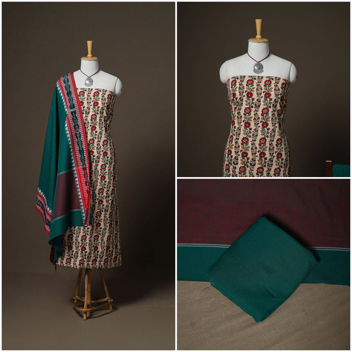 Sanganeri Block Print Cotton Unstitched Dress Material: Kurta, Bottom & Dupatta with Jewellery 59