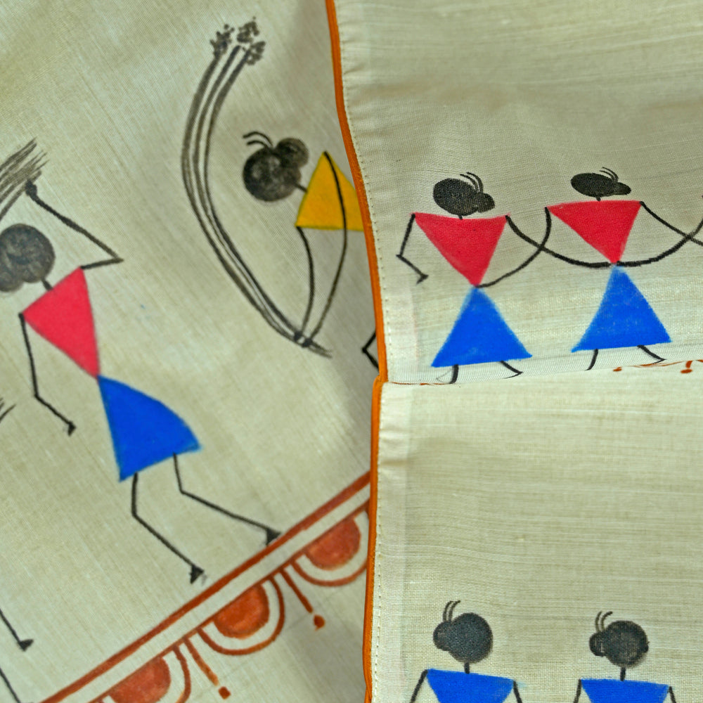 Madhubani Handpainted Chanderi Table Runner & Table Mats Set