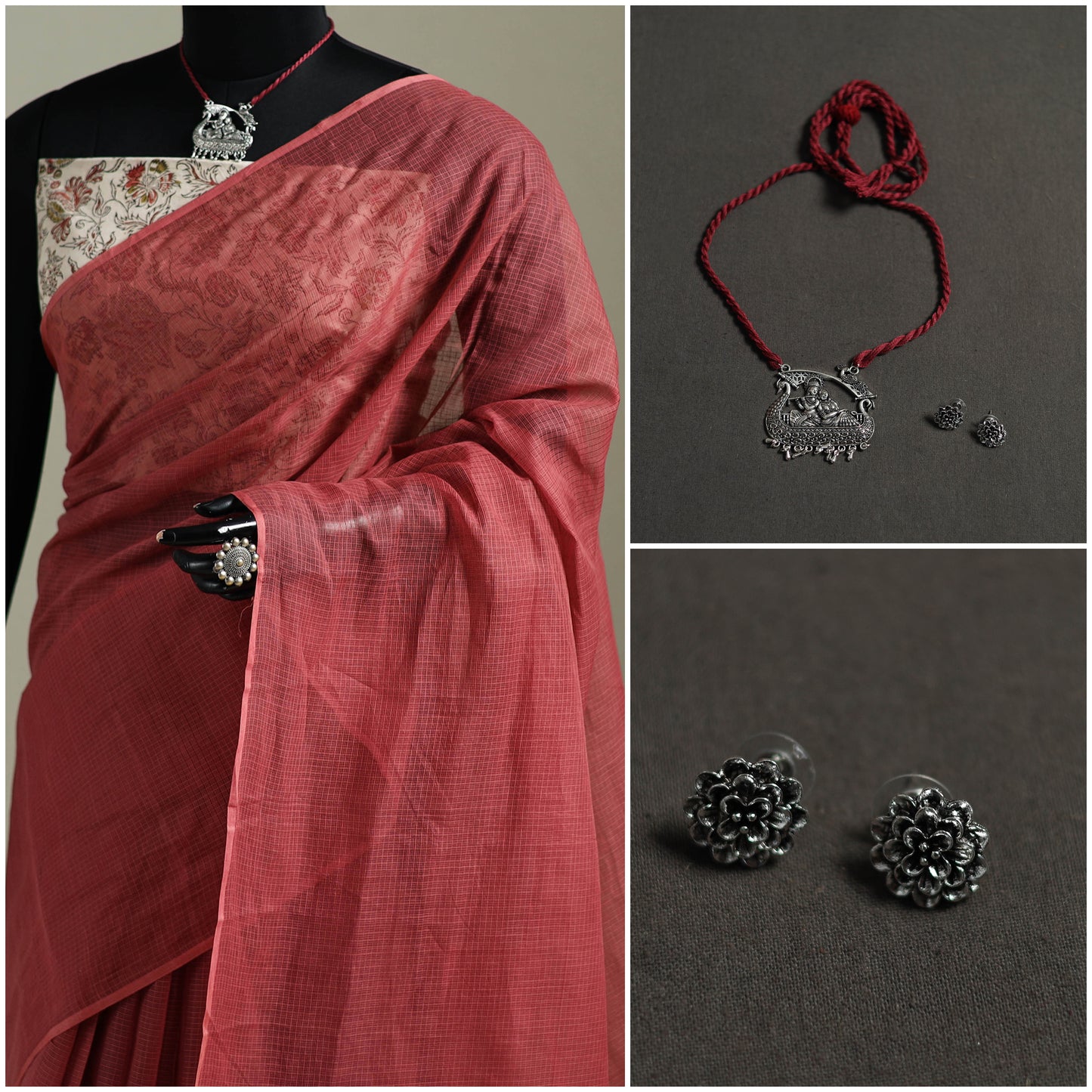 Red - Nazaakat Kota Doria Cotton Plain Saree with Blouse & Jewellery Set 125