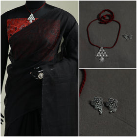 Black - Nazaakat Kota Doria Cotton Plain Saree with Blouse & Jewellery Set 05