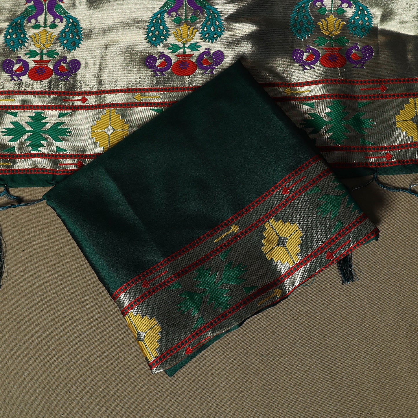 Green - Bangalore Silk Paithani Weave 3pc Unstitched Dress Material Suit Set 01