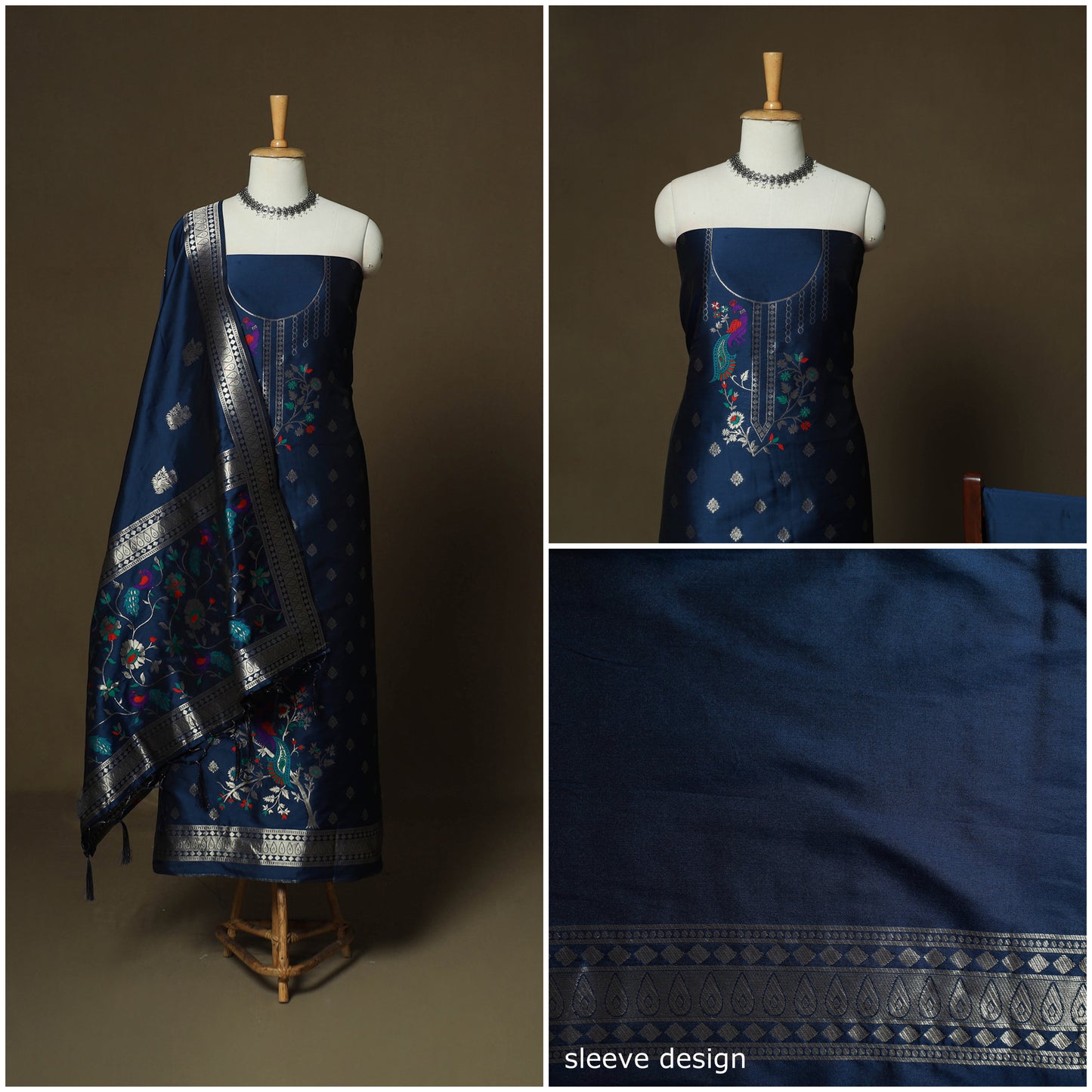 Blue - Bangalore Silk Paithani Weave 3pc Unstitched Dress Material Suit Set 05