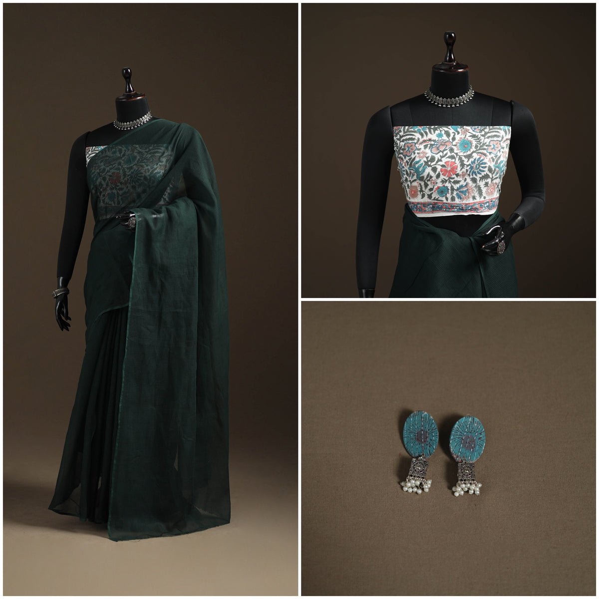 Nazaakat Kota Doria Cotton Plain Saree with Blouse Piece & Earrings 23