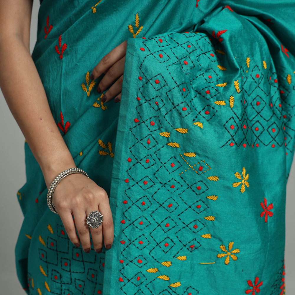 Green - Handcrafted Bengal Nakshi Kantha Work Silk Saree 21