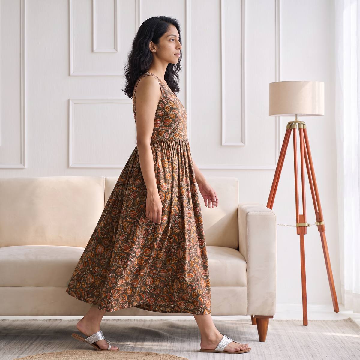 Pedana Kalamkari Hand Block Print Cotton Sleeveless Flared Long Dress for Women 14
