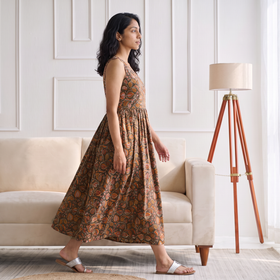 Pedana Kalamkari Hand Block Print Cotton Sleeveless Flared Long Dress for Women 14