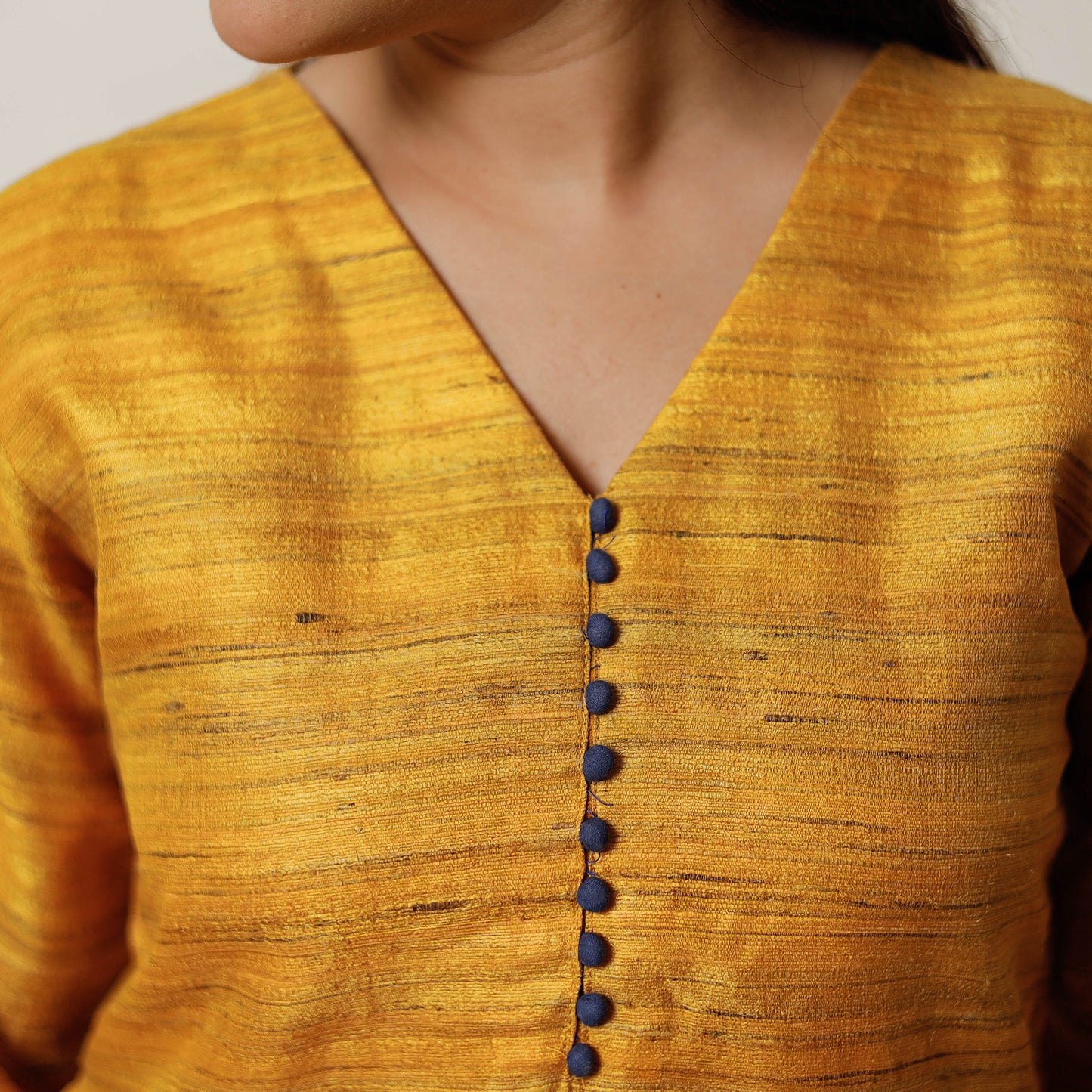 Yellow - Bhagalpuri Handwoven Desi Tussar Silk Long Straight Kurta