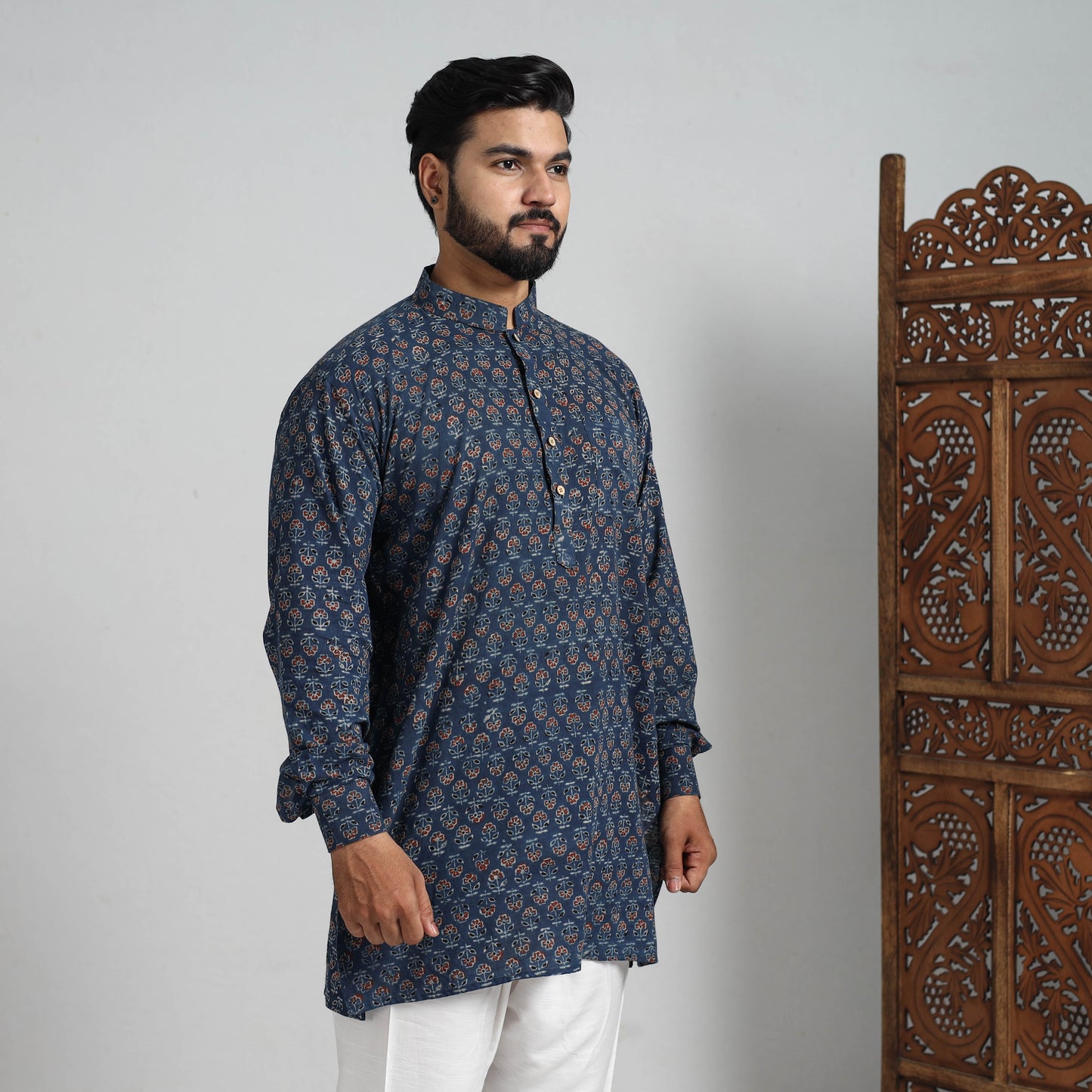 Ajrakh Block Printed Cotton Men Short Kurta 04