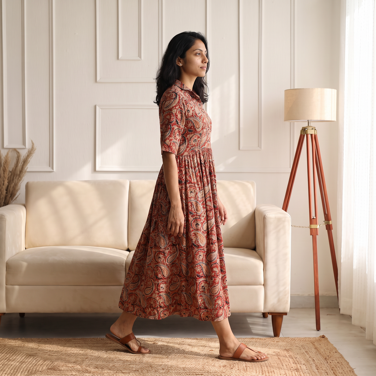 Pedana Kalamkari Hand Block Print Cotton Flared Long Dress for Women 01