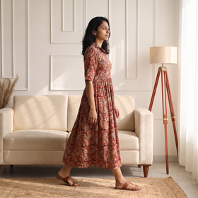 Pedana Kalamkari Hand Block Print Cotton Flared Long Dress for Women 01