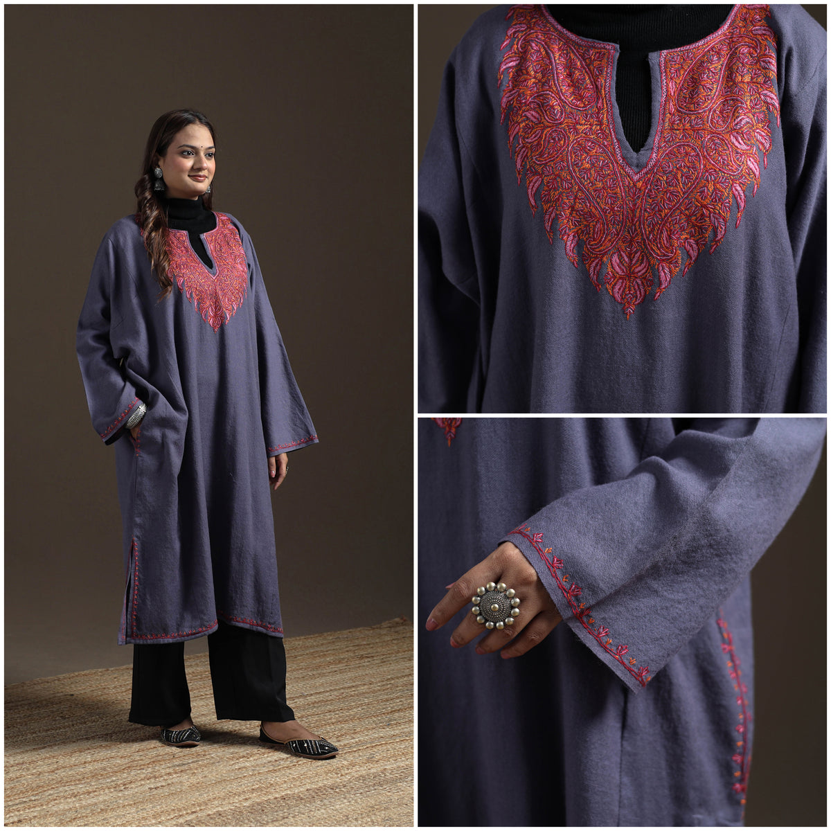 Kashmiri Sozni Hand Embroidered Handwoven Merino Wool Pheran 03