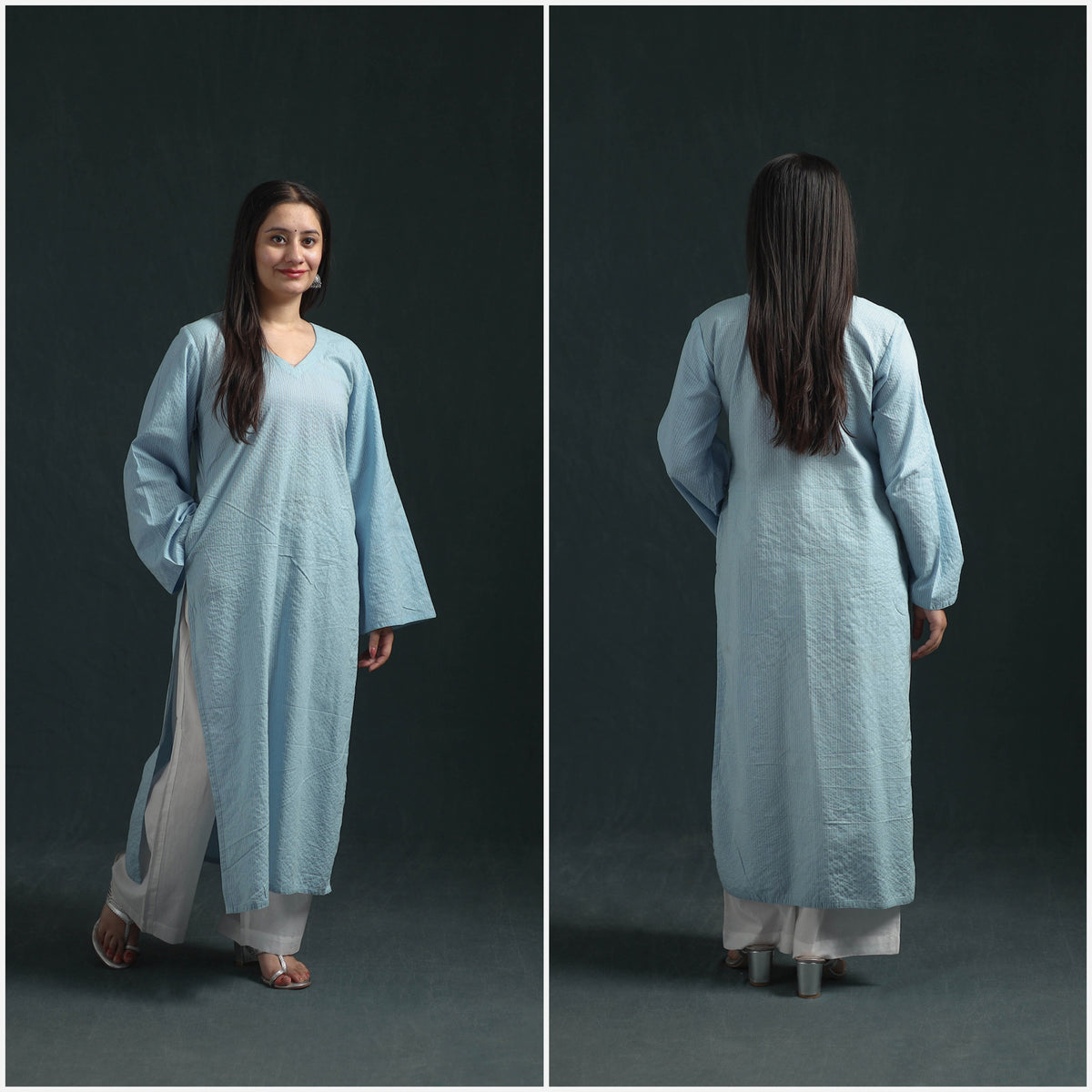 Plain Running Stitch Cotton Straight Long Kurta for women 08