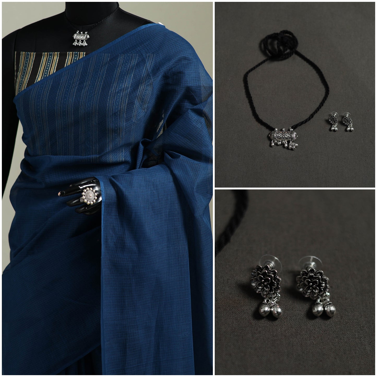 Blue - Nazaakat Kota Doria Cotton Plain Saree with Blouse & Jewellery Set 167