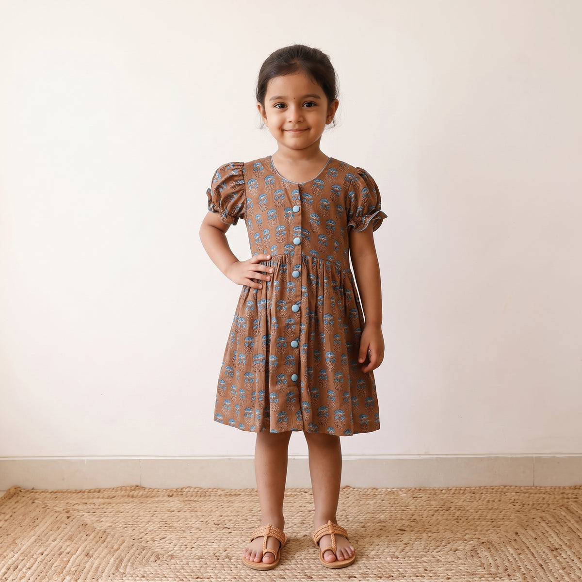 Brown - pure cotton girls frock dress in sanganeri floral