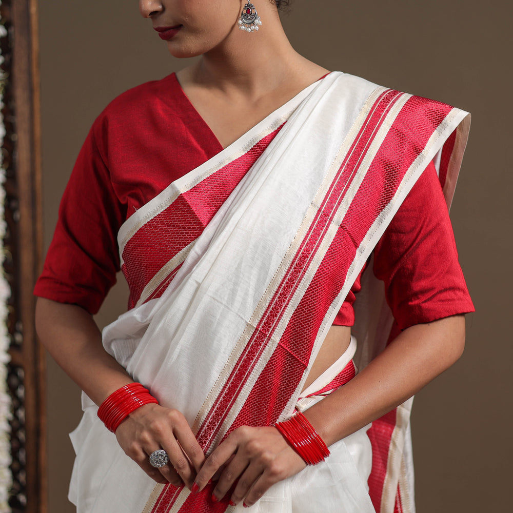 White - Durga Pooja Special - Traditional Handloom Maheshwari Silk Saree 01