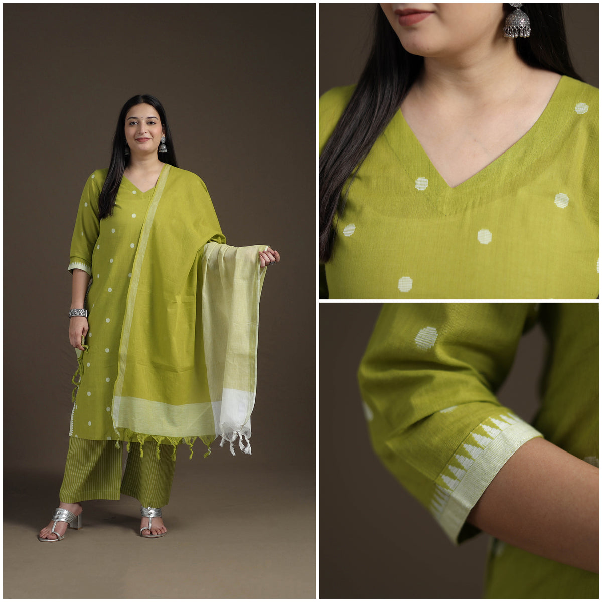 Jacquard Woven Cotton Straight Kurta with Palazzo & Dupatta Suit Set for Women 02