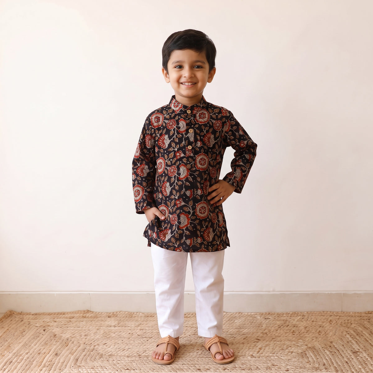 Black - kids pure cotton kurta in bagru block prints (2-3