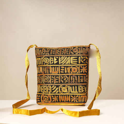 Yellow - kutch ahir embroidery mashru cotton sling bag