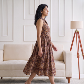 Pedana Kalamkari Hand Block Print Cotton Sleeveless Buttoned Down Long Dress for Women 19