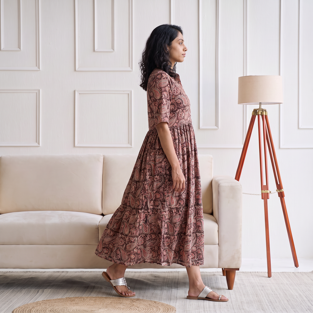 Pedana Kalamkari Hand Block Print Cotton Flared Long Dress for Women 03