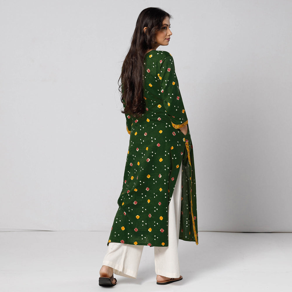 Olive Green - Bandhani Tie-dye Cotton Long Straight Kurta 02