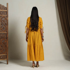 Buy Tiered Fit & Flare Cotton Yellow Jacquard Dress Online