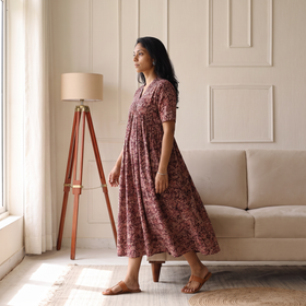 Pedana Kalamkari Hand Block Print Cotton Flared Long Dress for Women 09