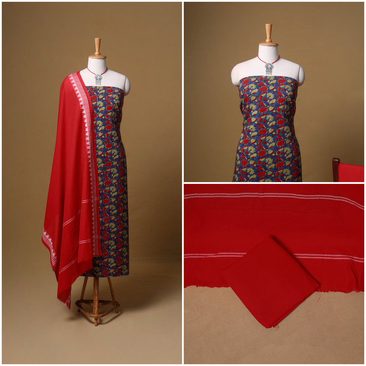 Floral Sanganeri Block Print Cotton Unstitched Dress Material: Kurta, Bottom & Dupatta with Jewellery 04