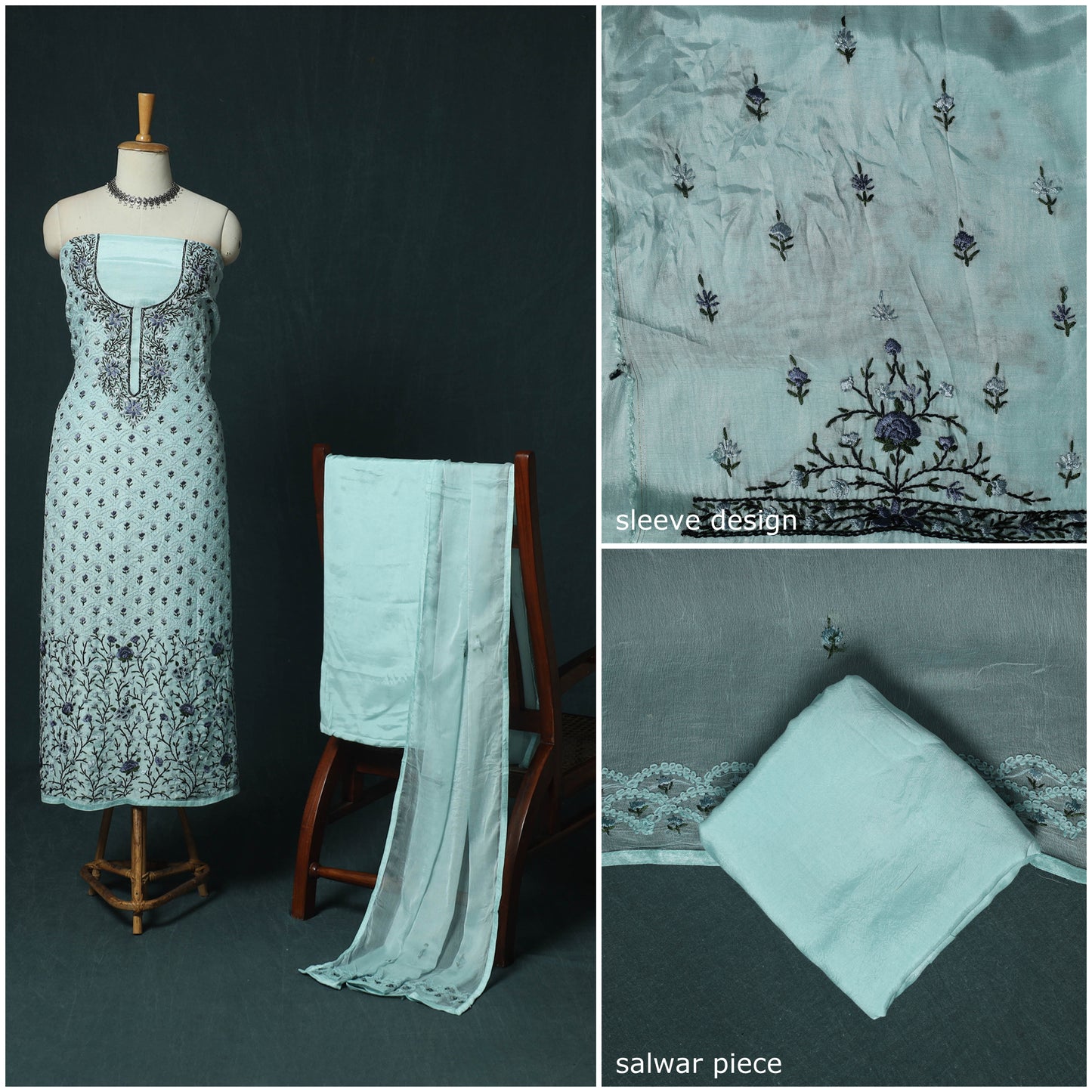 Blue - Hand Embroidered Muslin 3pc Unstitched Dress Material 13
