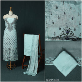 Blue - Hand Embroidered Muslin 3pc Unstitched Dress Material 13